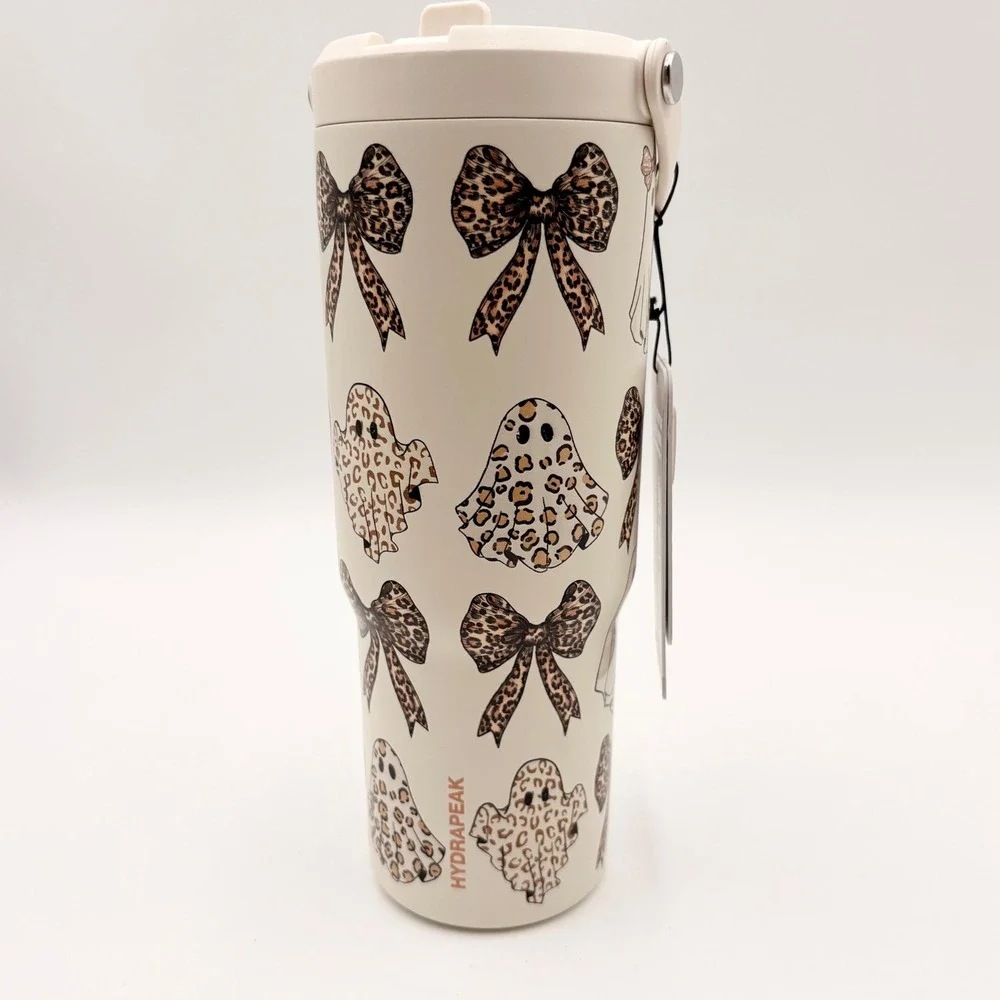Hydrapeak 40oz Tumbler Leopard Print Ghost Bow Halloween Cream Stainless Steel